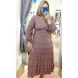 Max Studio Long Sleeve V Neck Printed Midi Dress Maroon Red Small